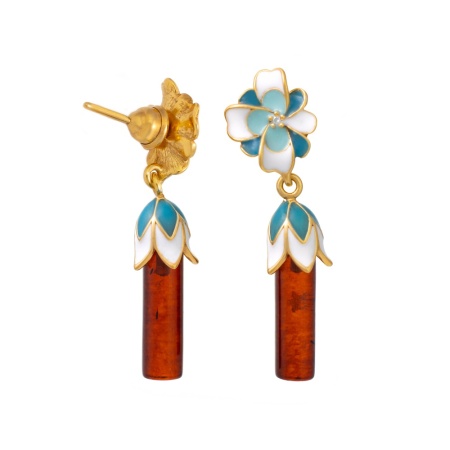 Серьги 821440 пусеты (Серебро, Янтарь красный, Фианит, эмаль, позолота 18 карат)