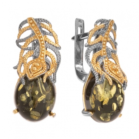 Серьги 821870 (Серебро, Янтарь зеленый, черный родий/ позолота 18 карат)